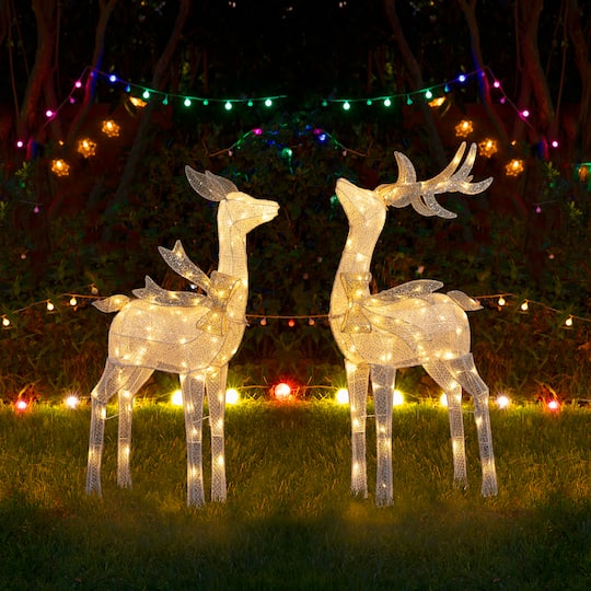 Glitzhome® 43" Christmas 3D Glittered Fabric Reindeer with 170 Warm White LED Lights Set